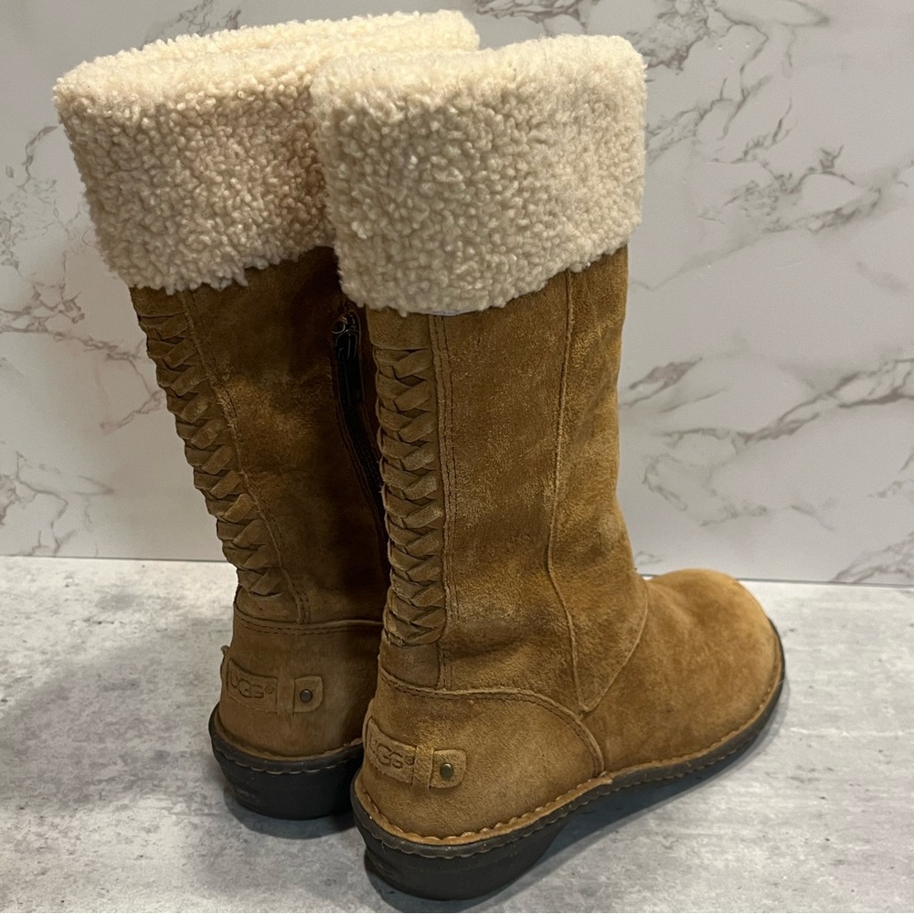 UGG KARYN Chestnut Suede Sheepskin Cuff Zip Mid calf Boots Women Size US 6